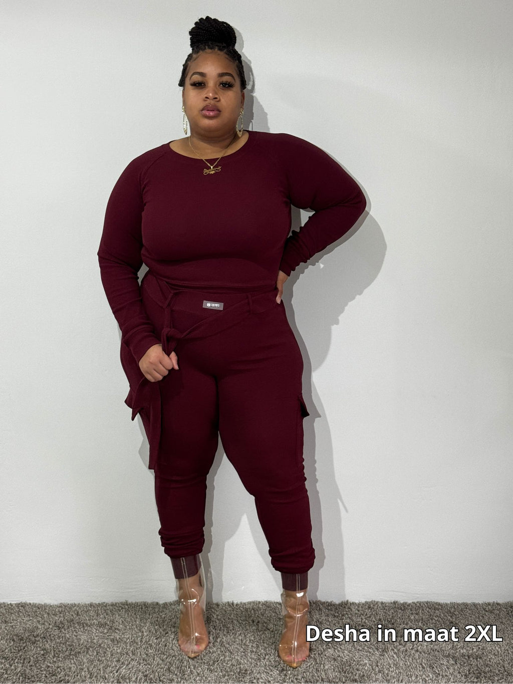 Cargo legging set voor dames plusize in rood met aansluitende top en zakken