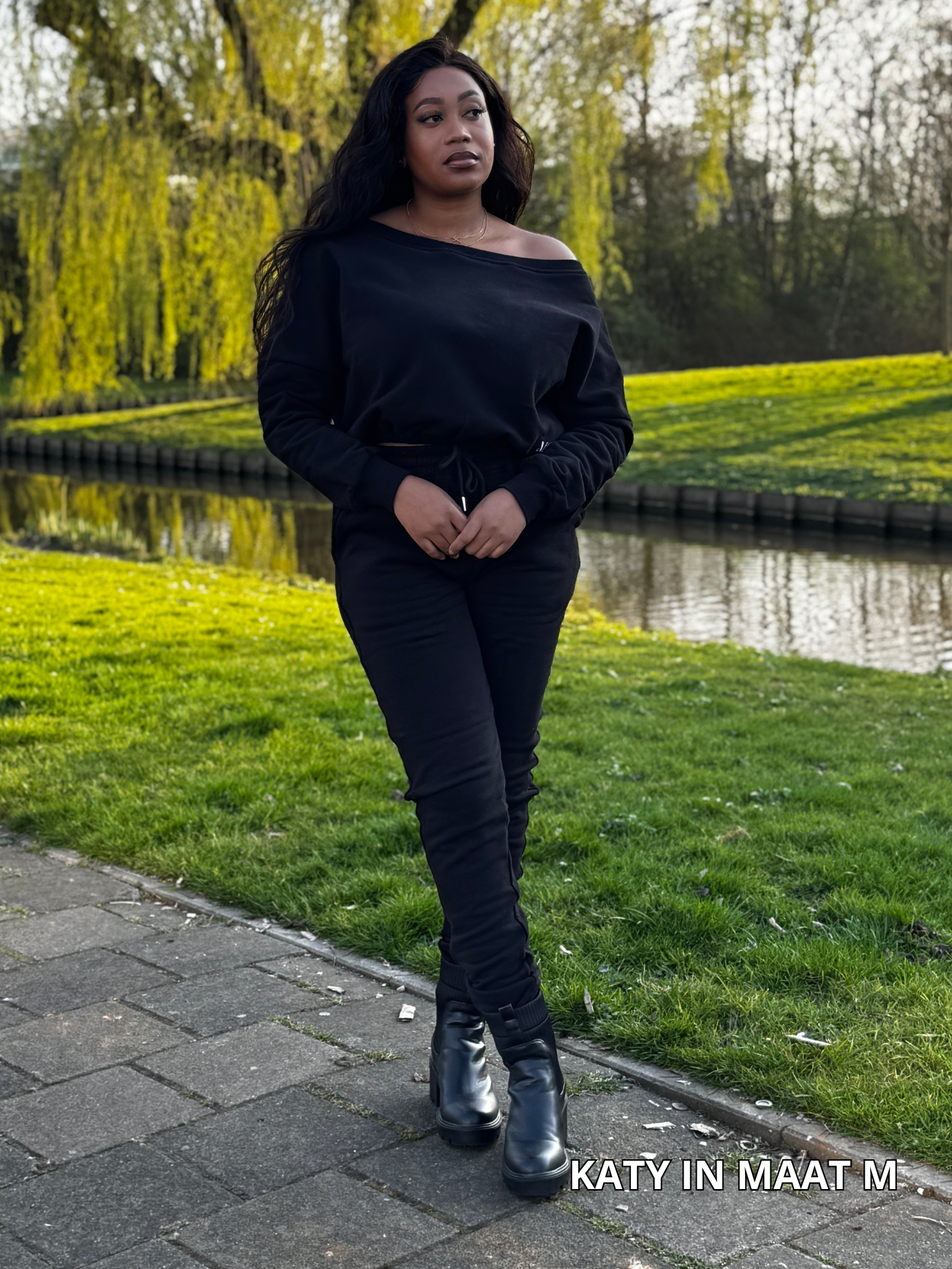 Zwart off-shoulder loungewear set voor dames met relaxte fit