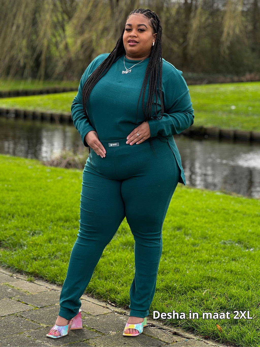 Plussize dameskleding set in aquagroen met wijdvallende top en legging