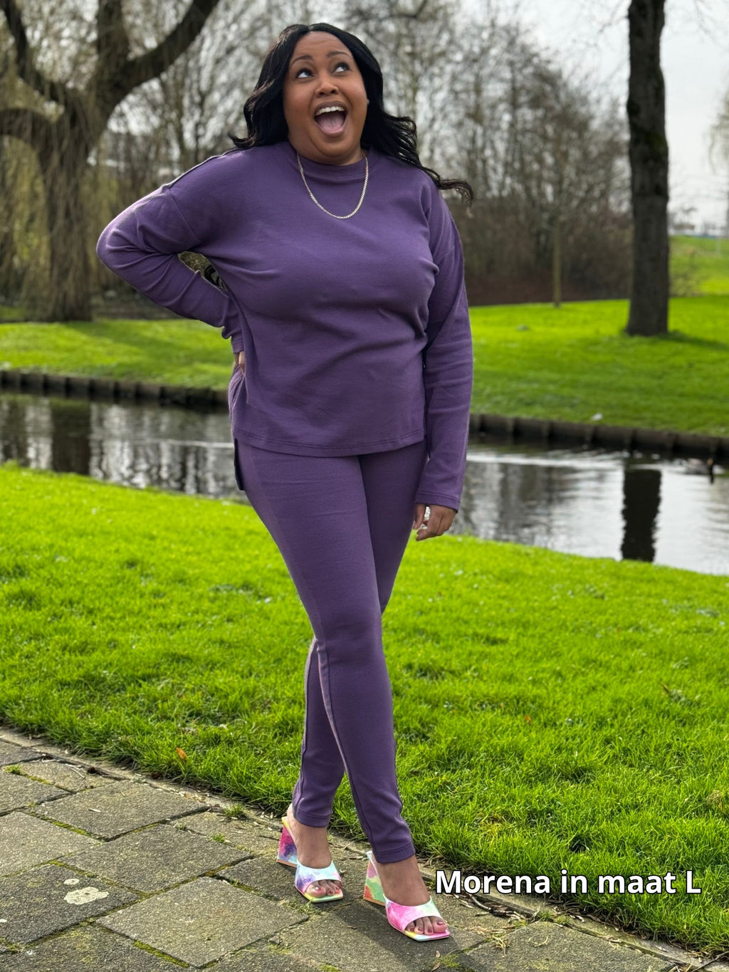 Plussize dameskleding set in paars met losse top en legging