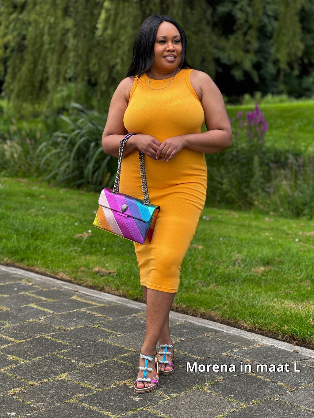 Gele geribde midi jurk voor dames met veel stretch