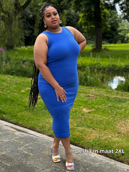 Plussize geribde midi jurk voor dames in royaal blauw met stretch