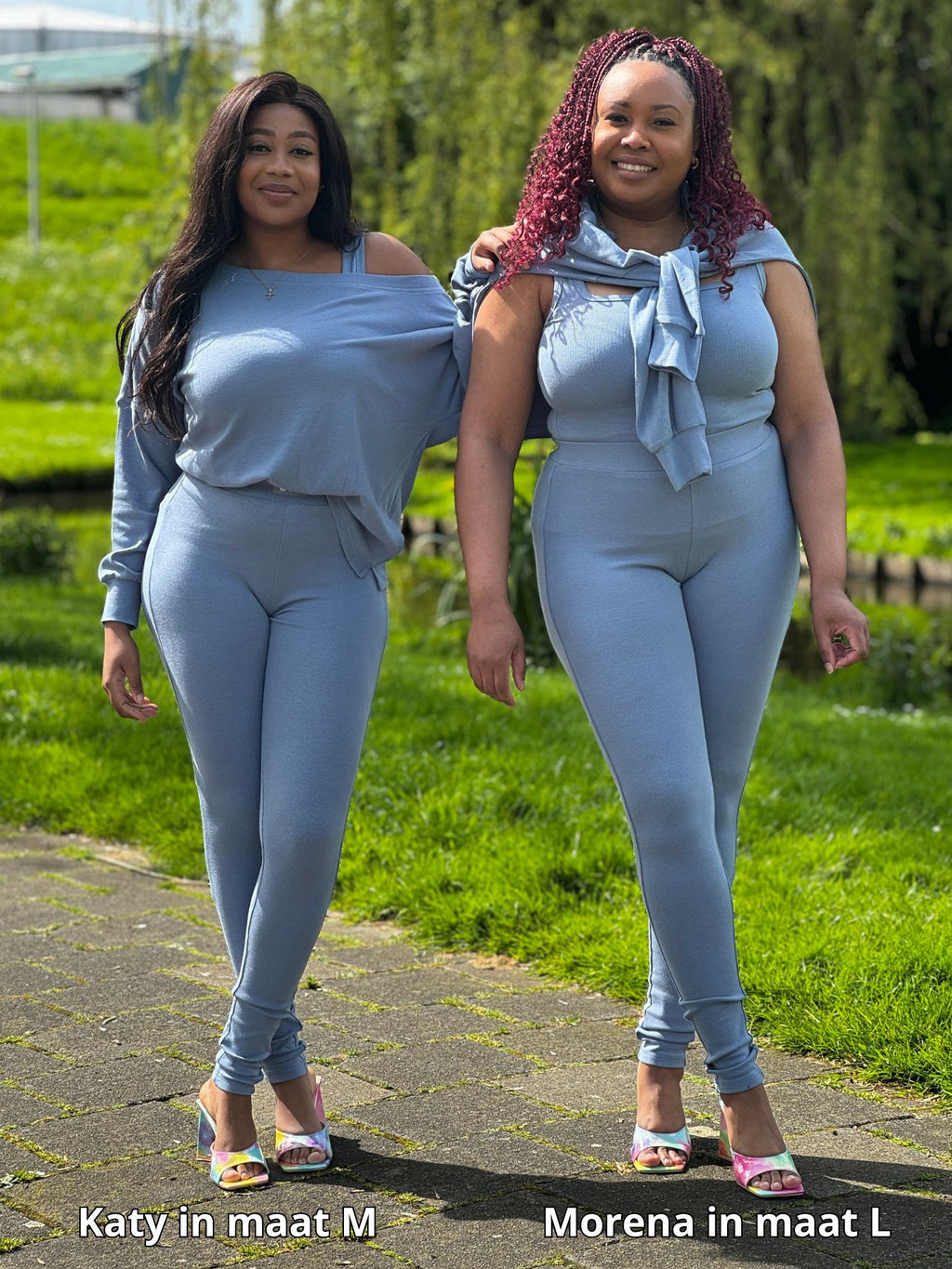 Off-shoulder 3-delige legging set voor dames in blauw met stretch stof