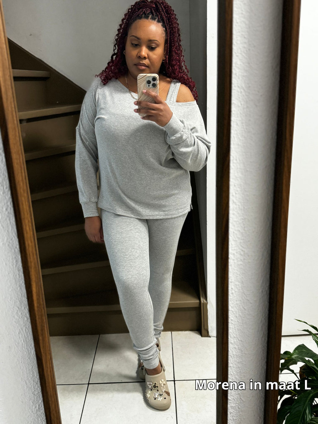 Off-shoulder 3-delige legging set voor dames in grijs met zachte stof