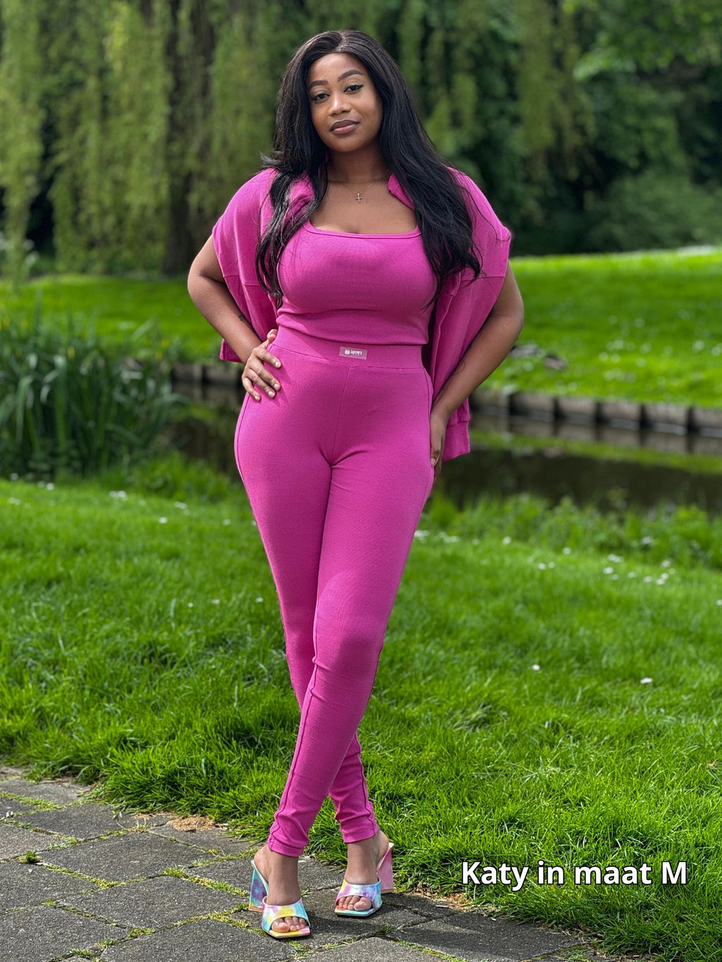 Off-shoulder 3-delige legging set voor dames in roze met stretch