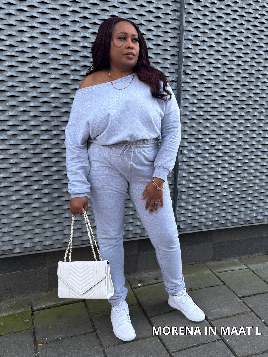 Grijs off-shoulder joggingpak voor dames met zachte stretch stof